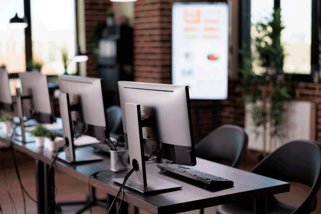 Empty call center helpdesk with multiple monitors